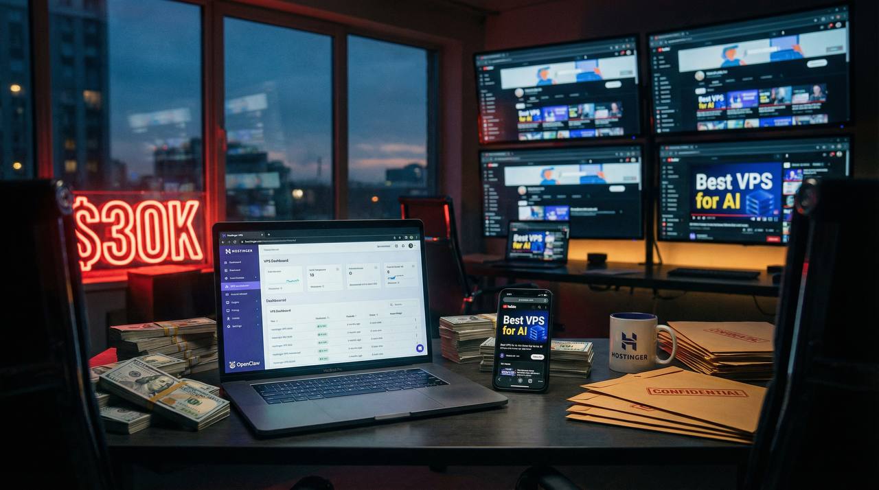 Hostinger VPS dashboard surrounded by cash stacks and a $30K neon sign representing the influencer bribe scandal