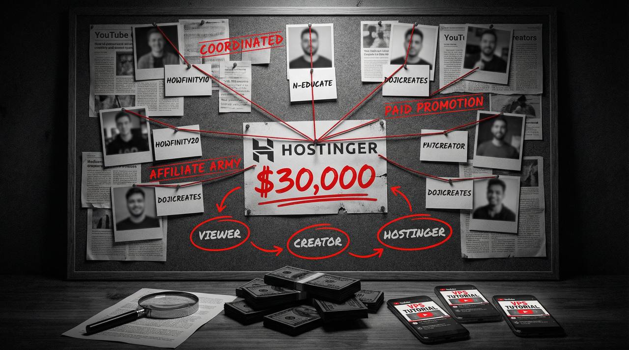 Crime investigation-style conspiracy board showing Hostinger's $30,000 affiliate network connecting multiple YouTube creators including N-Educate, Howfinity, and others with red string, labeled Coordinated, Paid Promotion, Affiliate Army