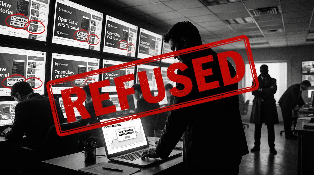 Investigative scene showing YouTube analytics dashboard with $30,000 bank transfer notification, walls of OpenClaw VPS tutorials with affiliate links circled in red, stamped REFUSED in large red letters