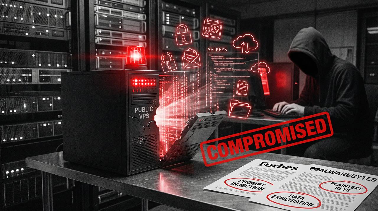 Cybersecurity visualization showing a cracked PUBLIC VPS server with API keys, email, calendar, and file data streaming out toward a hooded hacker, stamped COMPROMISED with Forbes and Malwarebytes warnings about prompt injection and data exfiltration