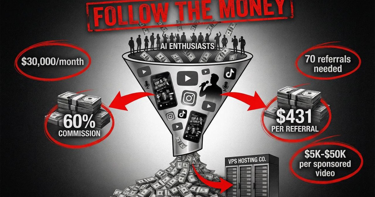Follow the money: VPS hosting influencers funnel AI enthusiasts into $30,000 per month affiliate income, 60% commission, $431 per referral, $5,000 to $50,000 per sponsored video