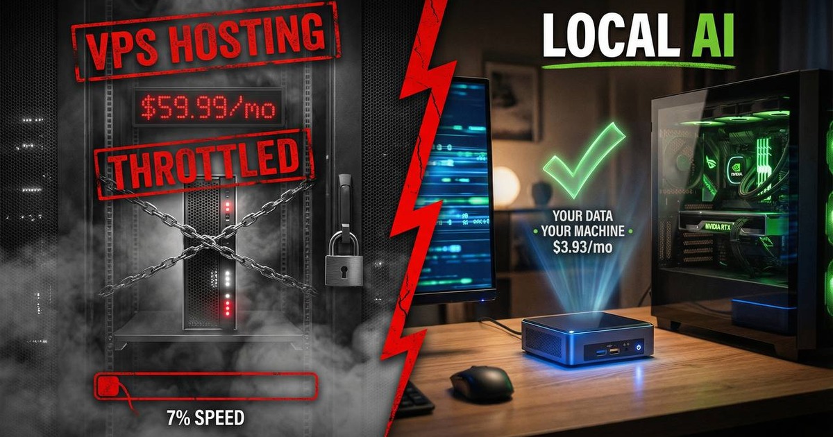 VPS hosting throttled to 7% speed at $59.99 per month versus local AI with OpenClaw running at $3.93 per month, your data, your machine, zero throttling, NVIDIA RTX GPU